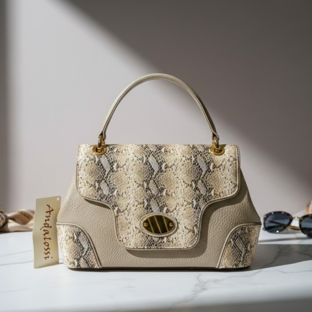 Andalossi NWT beige scotch quality leather Camel Python pebbled shoulder handbag